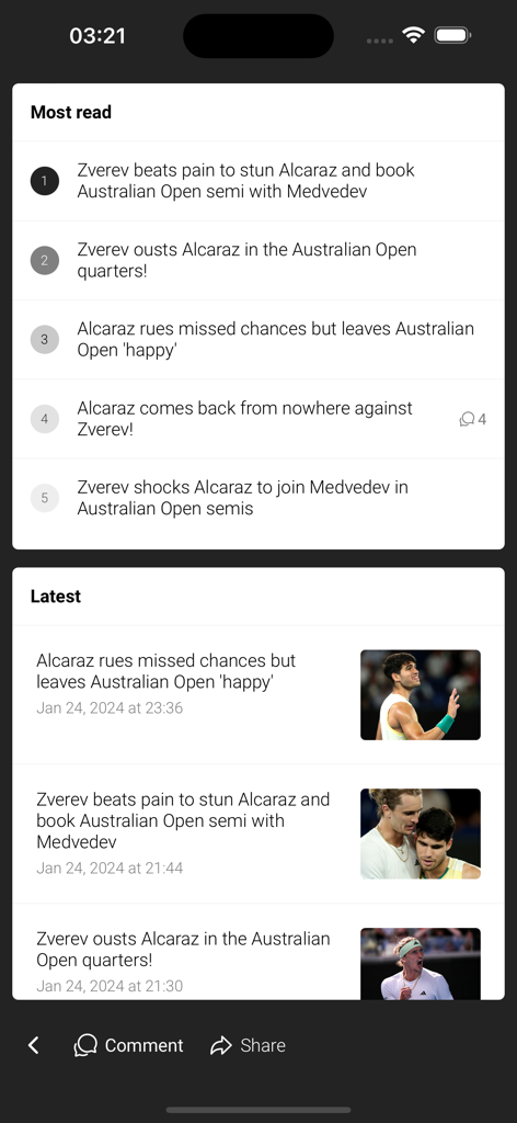 Tennis Temple - Un écran affichant les titres et articles les plus lus et les plus récents sur l'actualité du tennis sur l'application mobile Tennis Temple.