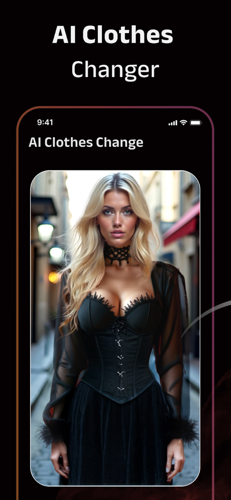 AI Clothes Changer app showing a woman in a black corset dress