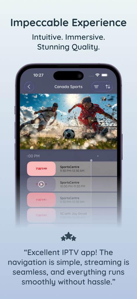 Chillio IPTV Smart Player Pro - Interface do aplicativo Chillio IPTV Smart Player Pro no iPhone mostrando uma partida de futebol ao vivo e guia de programação de TV esportiva.