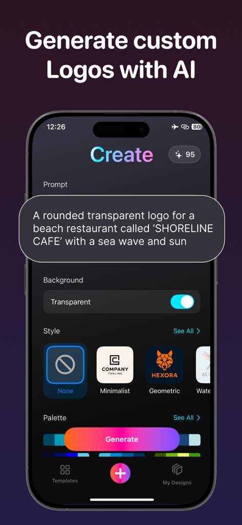AI Logo Maker & Logo Creator - KI-Logo-Ersteller App-Oberfläche mit Eingabefeld für ein Restaurantlogo und Optionen für den Designstil
