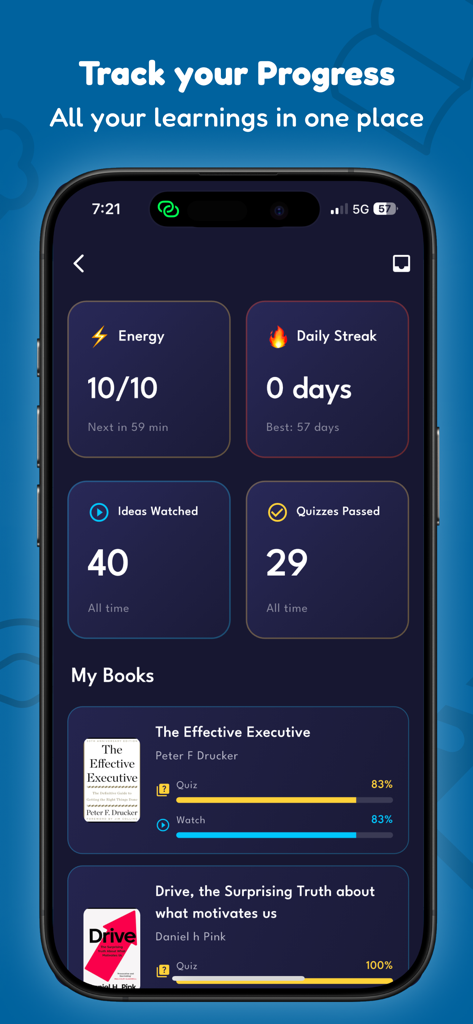 Pantalla de la aplicación móvil que muestra un panel de aprendizaje con estadísticas de energía, rachas, ideas vistas y barras de progreso de libros.