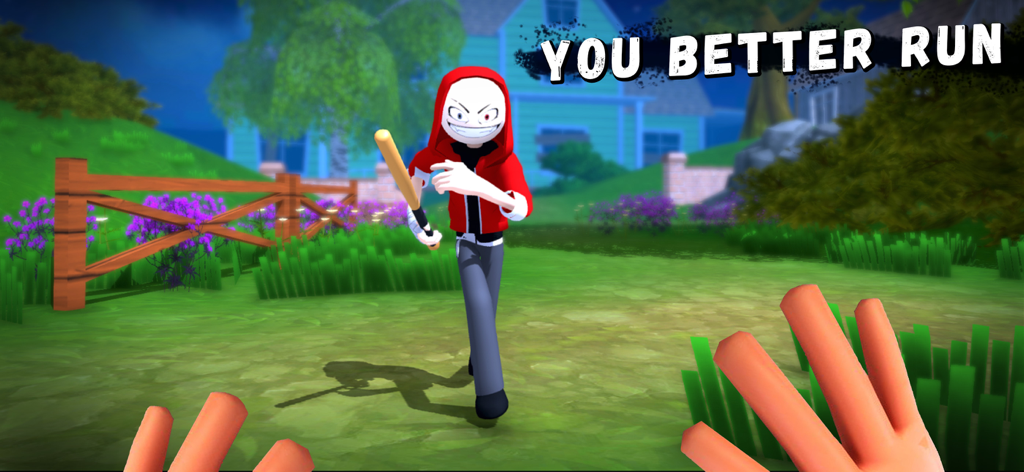 Angry Boy Pedro and His Friend - Pedro con una sudadera roja persiguiendo al jugador con un bate de béisbol en un juego de terror de supervivencia