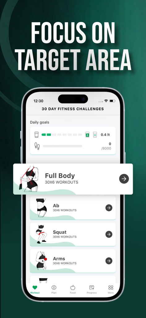 Fitness Coach: A Home Workout - Aplicación Fitness Coach que muestra desafíos de entrenamiento de 30 días para áreas corporales específicas y seguimiento de hábitos diarios