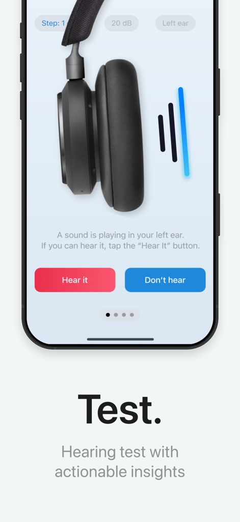 Tela de smartphone mostrando uma etapa de teste de audição para um aplicativo amplificador de som.