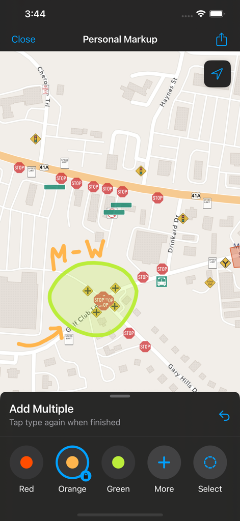 ArcGIS Field Maps - ArcGIS Field Maps screen showing personal markup annotations on a street map