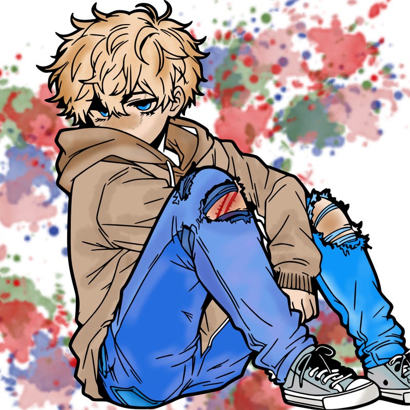 a male hoddie ripped jeans messy hair anime
