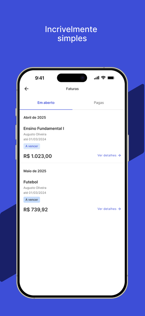 Meu Arco - Mobile App-Oberfläche von Meu Arco, die offene Schulrechnungen und Gebühren für außerschulische Aktivitäten für einen Schüler anzeigt