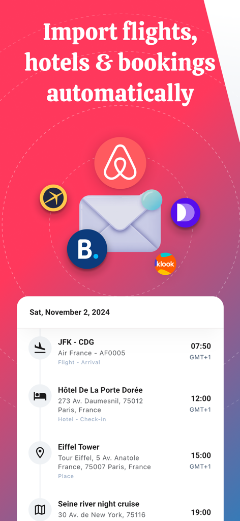 TripZen - Travel Planner - TripZen app interface showing automatic flight and hotel booking imports for a Paris trip itinerary