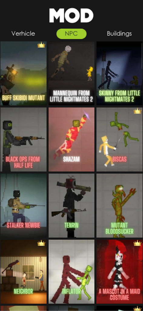 Mods For Playground Ragdoll 3D - Selection grid of NPC character mods for Melon Playground