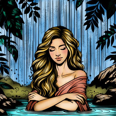 realistic female model under waterfall