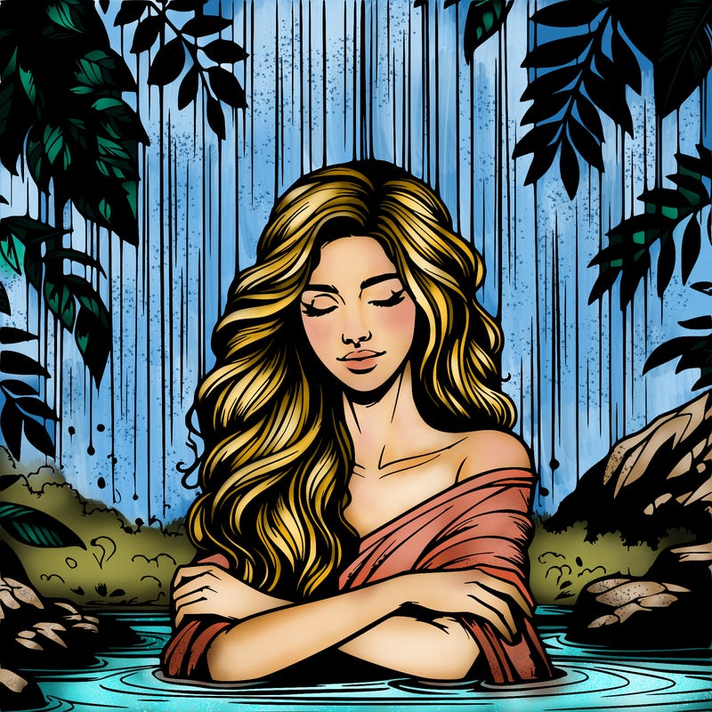 realistic female model under waterfall