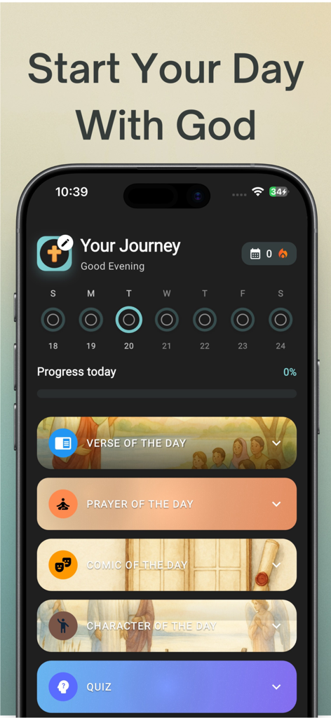 Bible Journey: Visual Stories - Daily dashboard of the Bible Journey app featuring verses and prayers
