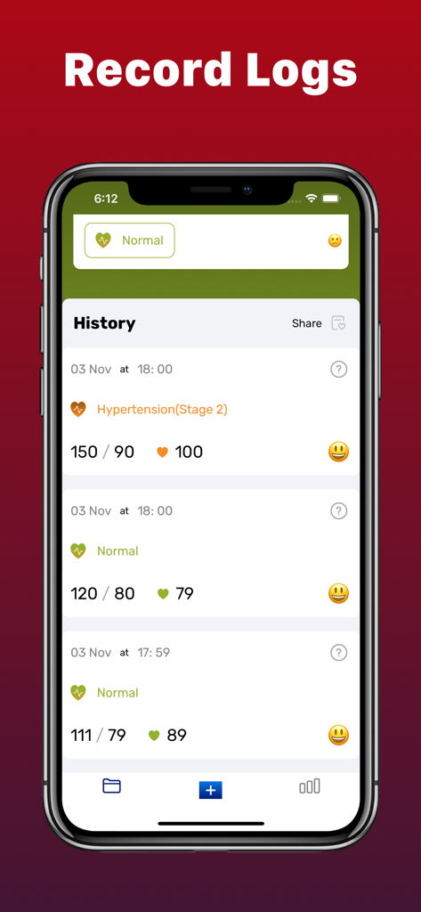 Smart : Blood Pressure app - A smartphone screen displaying a history of blood pressure and heart rate logs with stage classification and mood icons.