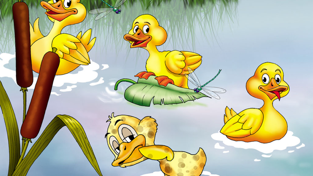 The Ugly Duckling Book - An interactive scene from The Ugly Duckling Book app showing yellow ducklings swimming with the grey duckling in a pond