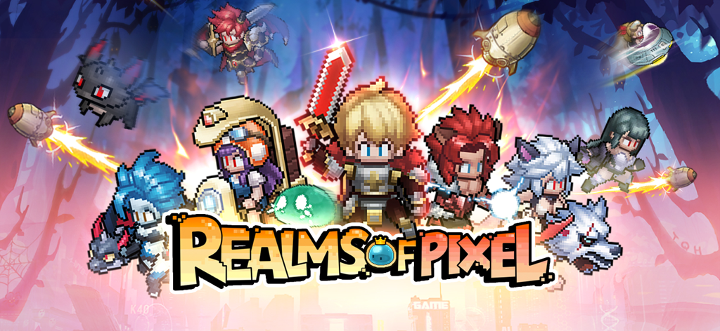 Realms of Pixel - Logotipo do jogo Realms of Pixel e personagens heróis retrô em pixel art