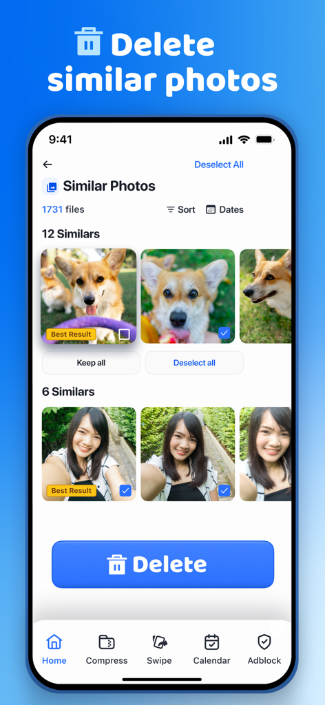 Interface of Clean Manager app showing a feature to identify and delete similar photos and duplicates to free up iPhone storage space.