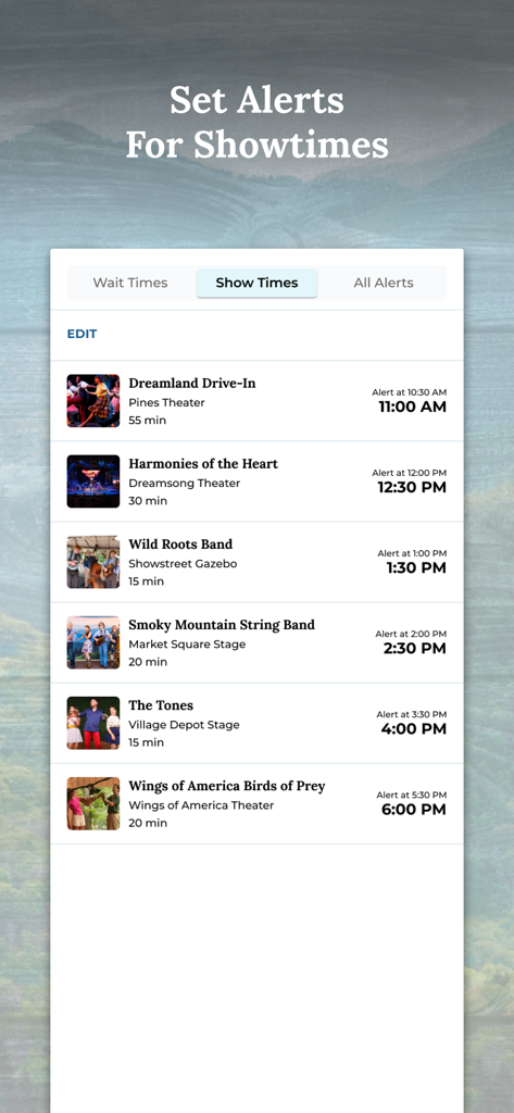 A list of show times and performance alerts within the Dollywood mobile app.