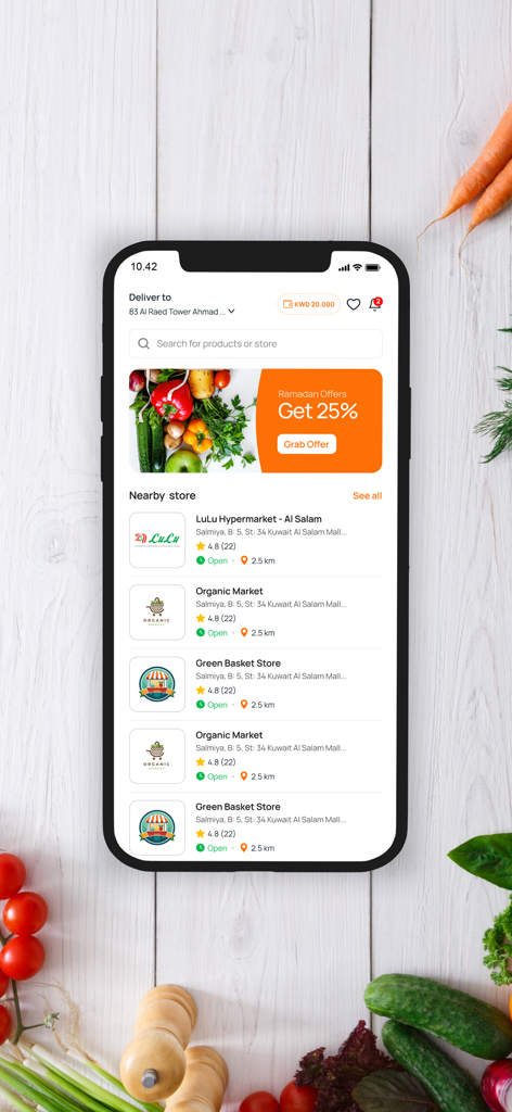 Karrot App - A smartphone displaying the Karrot app home screen with a list of nearby grocery stores and a 25% discount banner.