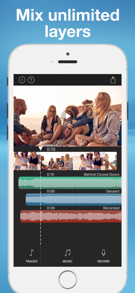 Add Music to Video, Maker - Interface of the Add Music to Video app showing multiple audio tracks and music layers