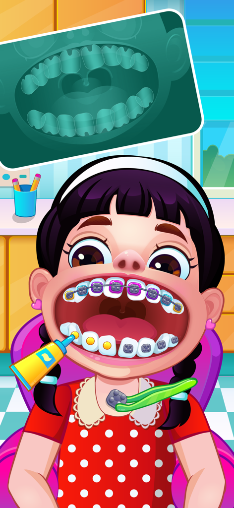 A cartoon girl in a dentist chair receiving colorful braces in My Dentist Games.