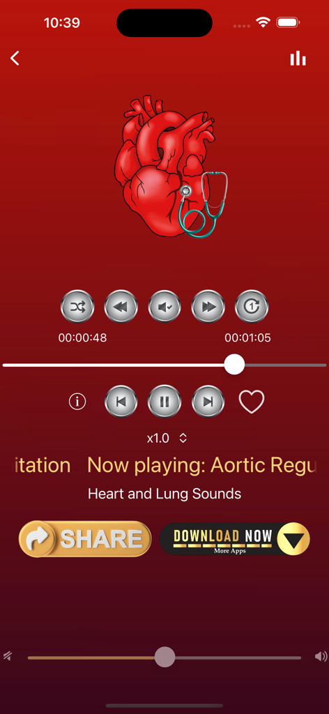 Heart Sounds and Lung Sounds - Audio player interface of the Heart Sounds and Lung Sounds app showing playback for Aortic Regurgitation with a heart illustration and stethoscope