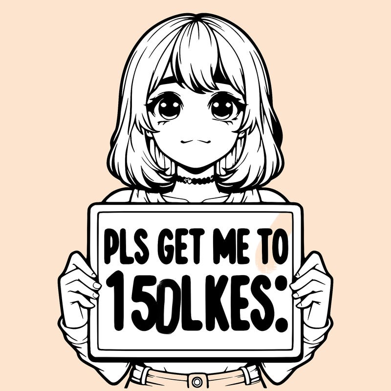 realistic girl holding up a sign that says “pls get me to 15 likes!”