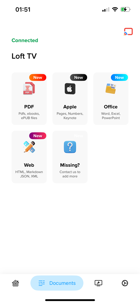 Ein Menü in der TV Cast App zeigt Optionen zum Streamen von PDF-, Office- und Apple-Dokumenten auf ein Chromecast-Gerät.