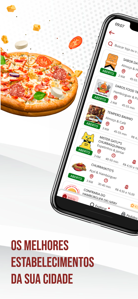 Mais Delivery APP - Mais Delivery app interface showing a list of local restaurants and a delicious pizza