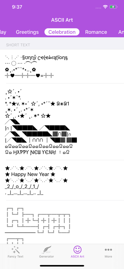 Fancy Text Symbols - A collection of celebration-themed ASCII art designs in the Fancy Text Symbols app