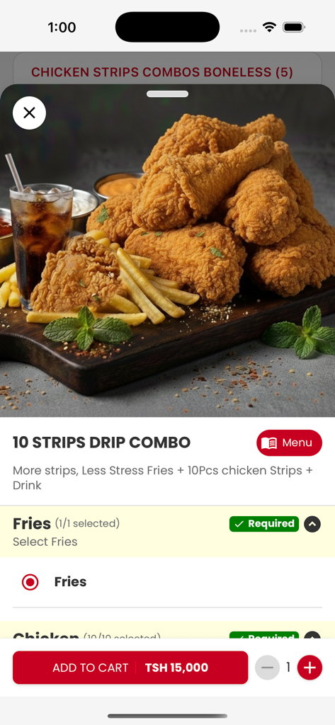 Chick Zing - Pantalla de la aplicación Chick Zing mostrando un combo de 10 tiras con pollo frito, patatas fritas y una bebida