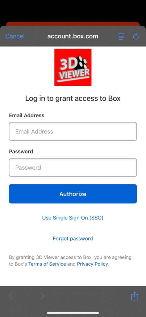 3D-Viewer - Pantalla de inicio de sesión para autorizar el acceso al almacenamiento en la nube de Box dentro de la aplicación 3D-Viewer
