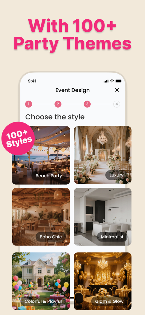 AI Event Planner~Party Design - App interface showing a selection of party themes including Beach Party Luxury and Boho Chic