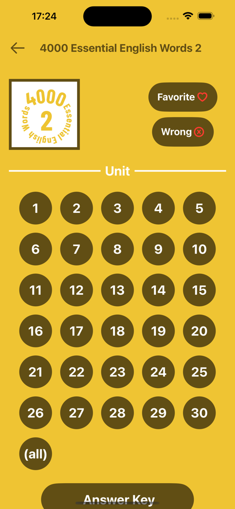 4000 Essential English Words ⑵ - La pantalla de selección de unidad de la aplicación 4000 Essential English Words 2 que muestra botones de lección numerados.
