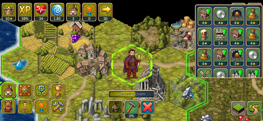 Hexagonal map and construction menu in Next Run Fantasy Strategy RPG