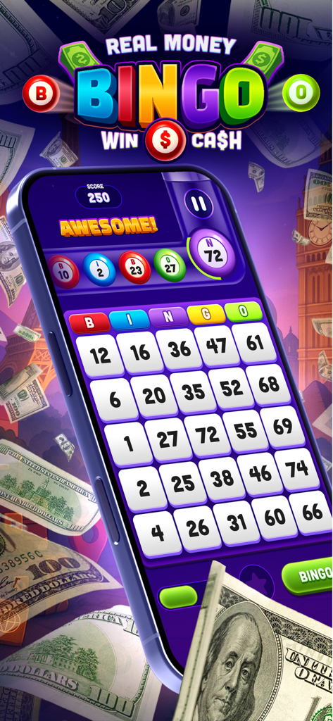 Real Money Bingo - Win Cash - Mobile screen showing Real Money Bingo game interface with falling dollar bills