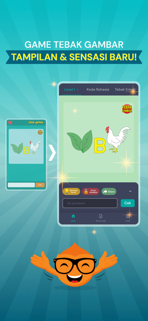 Tebak Gambar - Una captura de pantalla del juego de la aplicación Tebak Gambar que muestra un puzzle de 'rebus' con imágenes de hojas y un pollo junto a un campo de texto.