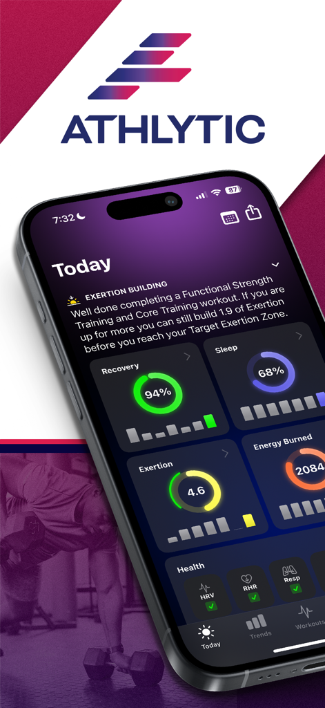 Athlytic app dashboard showing recovery and exertion scores on an iPhone.