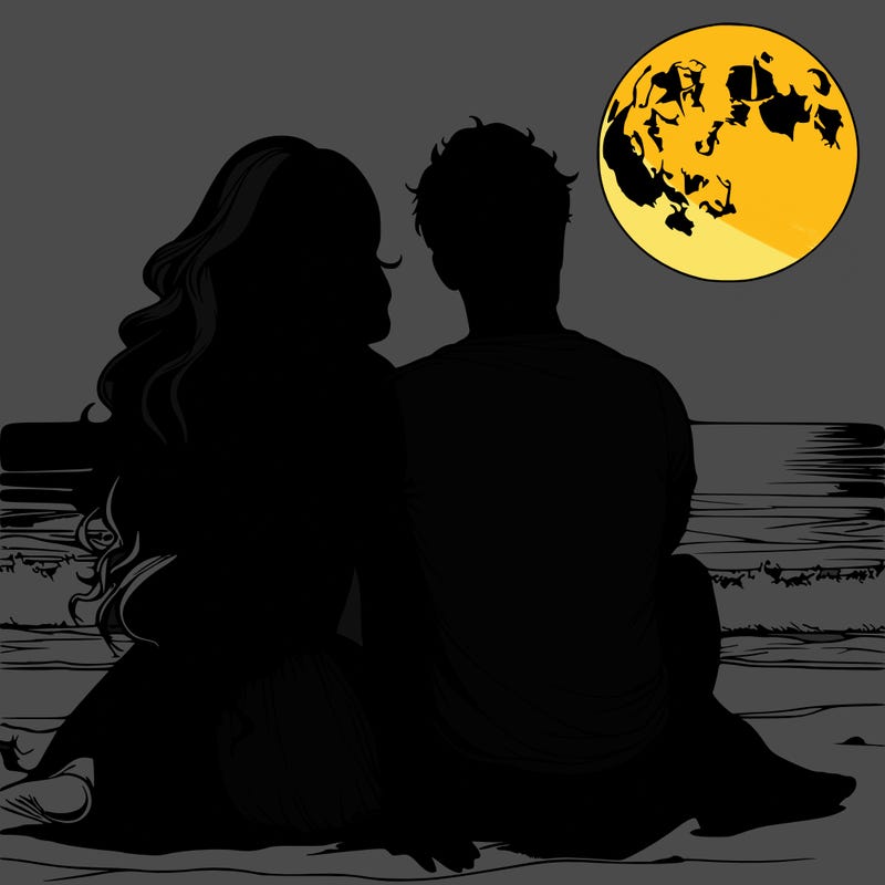 realistic couple on beach sat looking out to sea under the moon woman has long wavy hair man has short hair