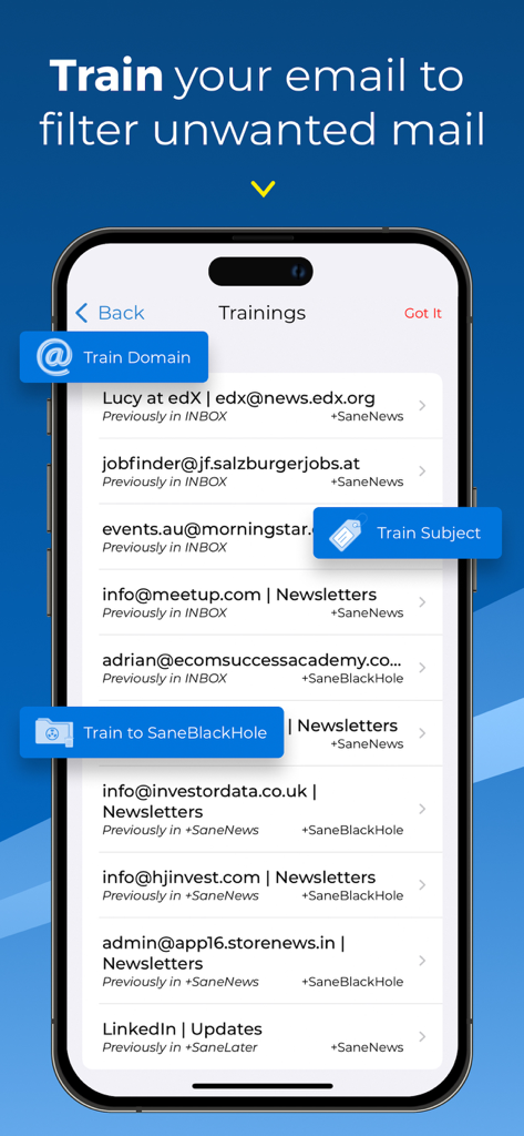 SaneBox app interface showing email training features to filter unwanted mail into folders by domain and subject