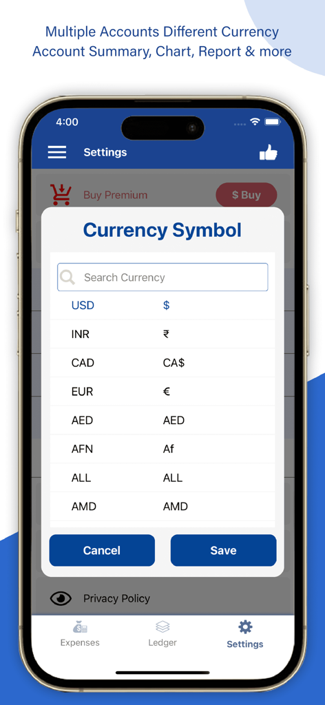 Ledger Book Expense Manager - Menu de seleção de várias moedas no aplicativo Ledger Book Expense Manager mostrando opções para USD, INR e CAD.