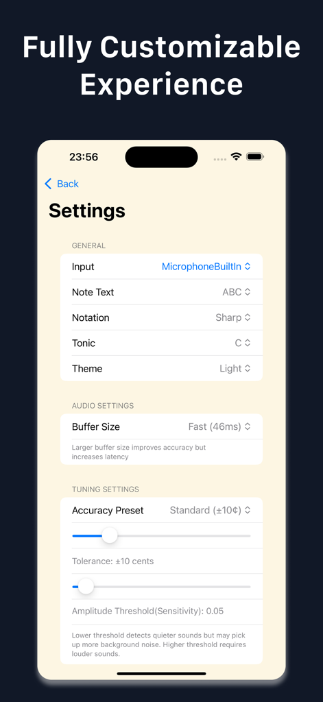 Pitch Perfect Tuner+Visualiser - Pantalla de configuración de la aplicación móvil Pitch Perfect Tuner con opciones para el búfer de audio y la precisión de la afinación