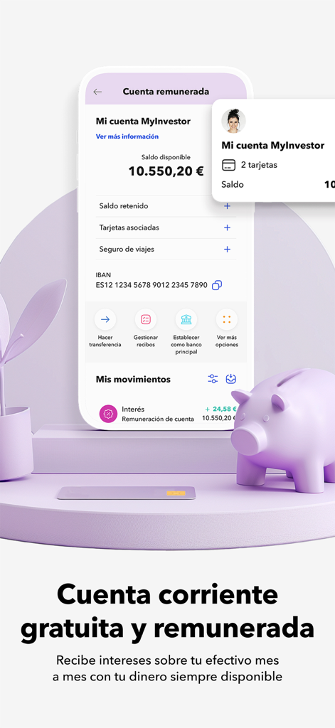 MyInvestor · Banco & Inversión - MyInvestorアプリのモバイルインターフェース。利息のつく普通預金口座と紫色の貯金箱を表示。