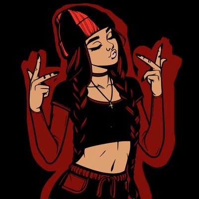 realistic teenage girl with braids and a beanie and crop top doing 🫶🏼