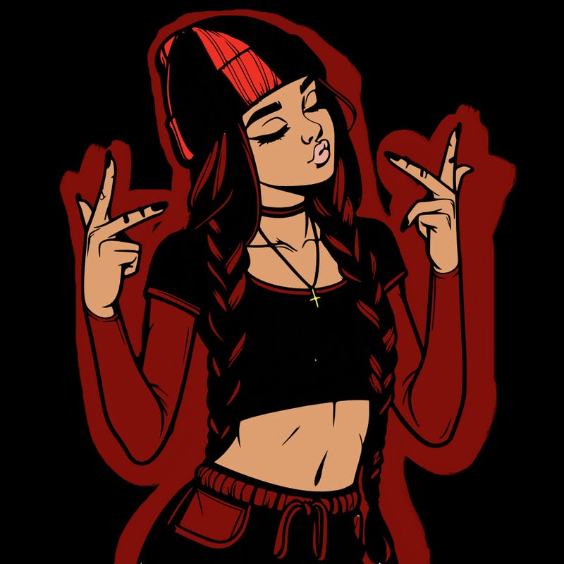 realistic teenage girl with braids and a beanie and crop top doing 🫶🏼