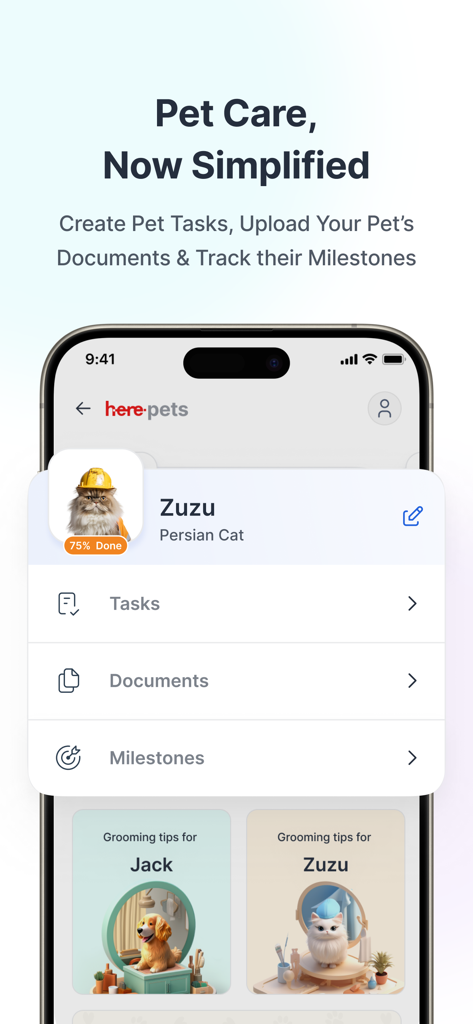 Here by HDFC ERGO - Pet care dashboard in the Here app showing task tracking and document storage for a pet cat