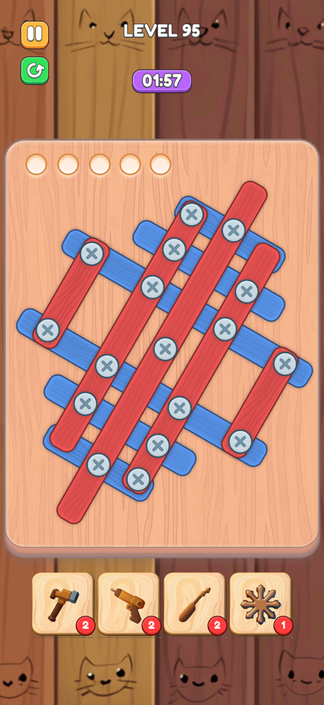 Screw Match: Puzzle Game - Gameplay of Screw Match showing red and blue wooden planks with screws to be removed in a puzzle level