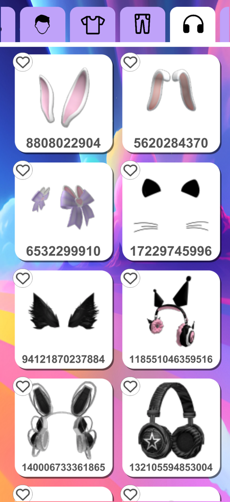 Outfit ID codes for Roblox - Tela do aplicativo mostrando códigos de ID do Roblox para acessórios como orelhas de coelho, orelhas de gato e fones de ouvido