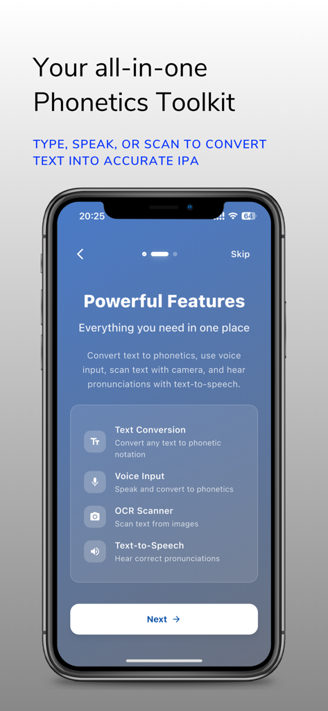 XPhonetics App-Oberfläche, die Funktionen für Textkonvertierung, Spracheingabe und OCR-Scanning zeigt
