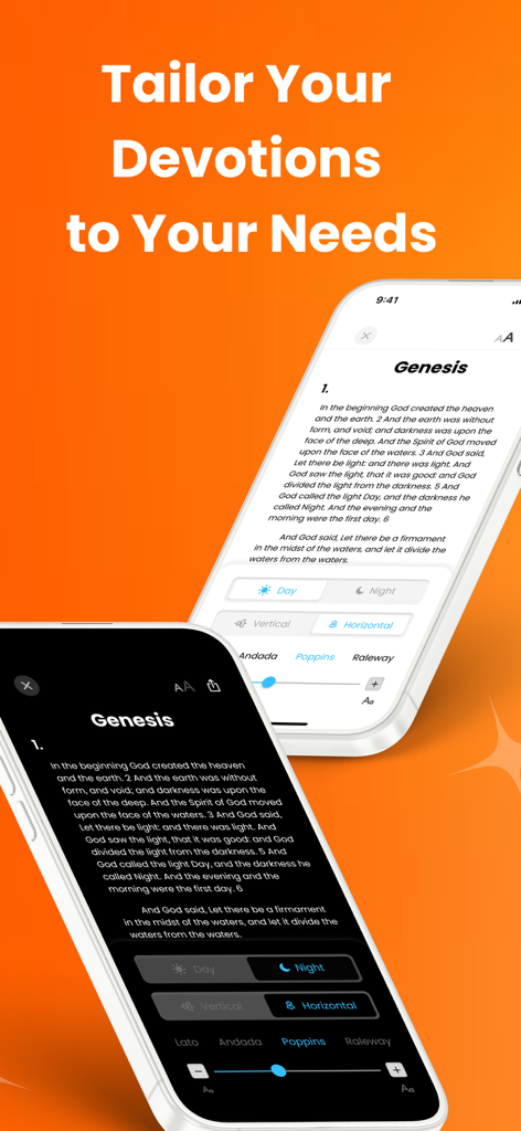 Bible Chat AI - Daily Verses - Bible Chat AI app interface showing light and dark mode reading options and font customization settings