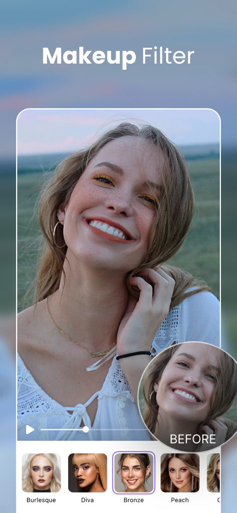 AirVid-AI Quality Enhancer Pro - A woman showcasing a makeup filter effect with a before and after comparison in the AirVid video editor